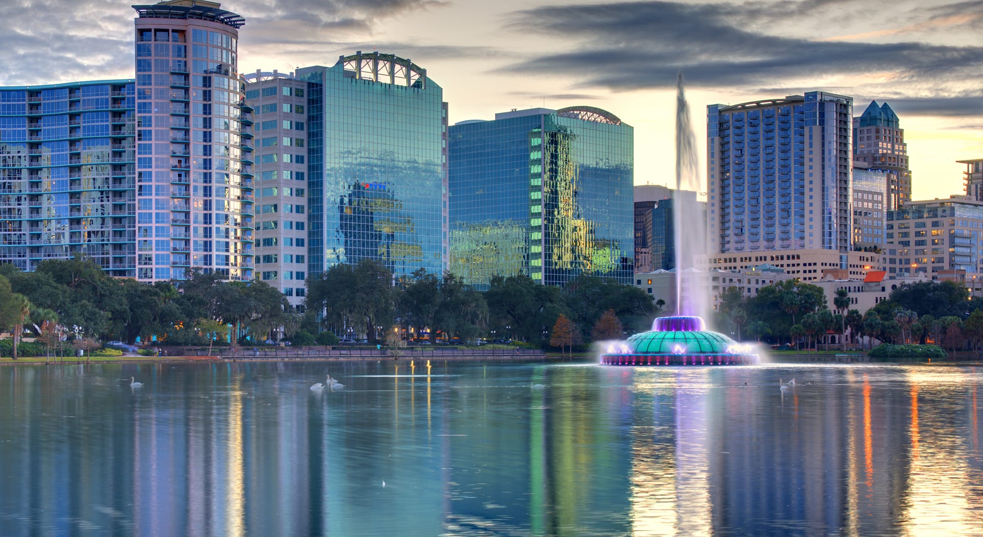 Orlando, Florida skyline over Lake Eola, an area served by Best Florida Roofing