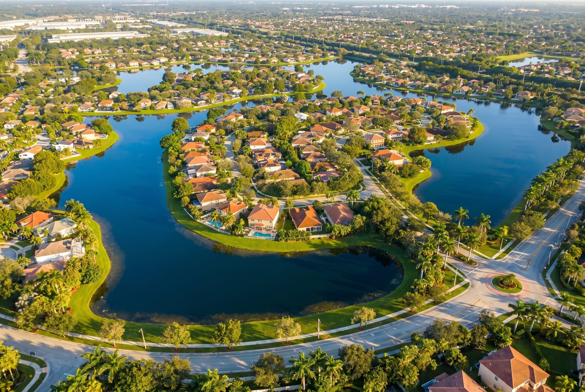 Aerial view of the Weston, Florida lakeside community, an area served by Best Florida Roofing