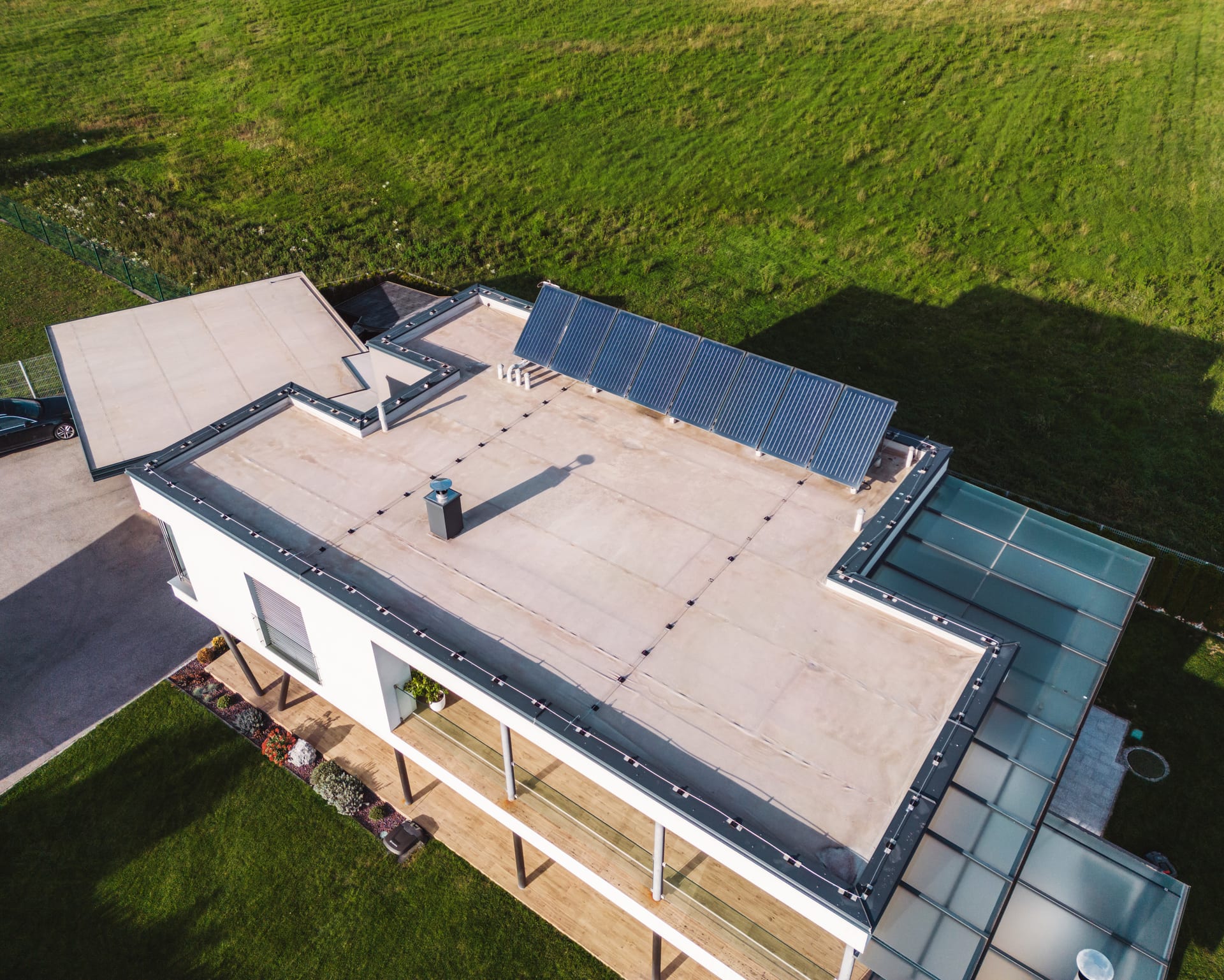 Aerial view of a flat roof system installed in Florida by Best Florida Roofing